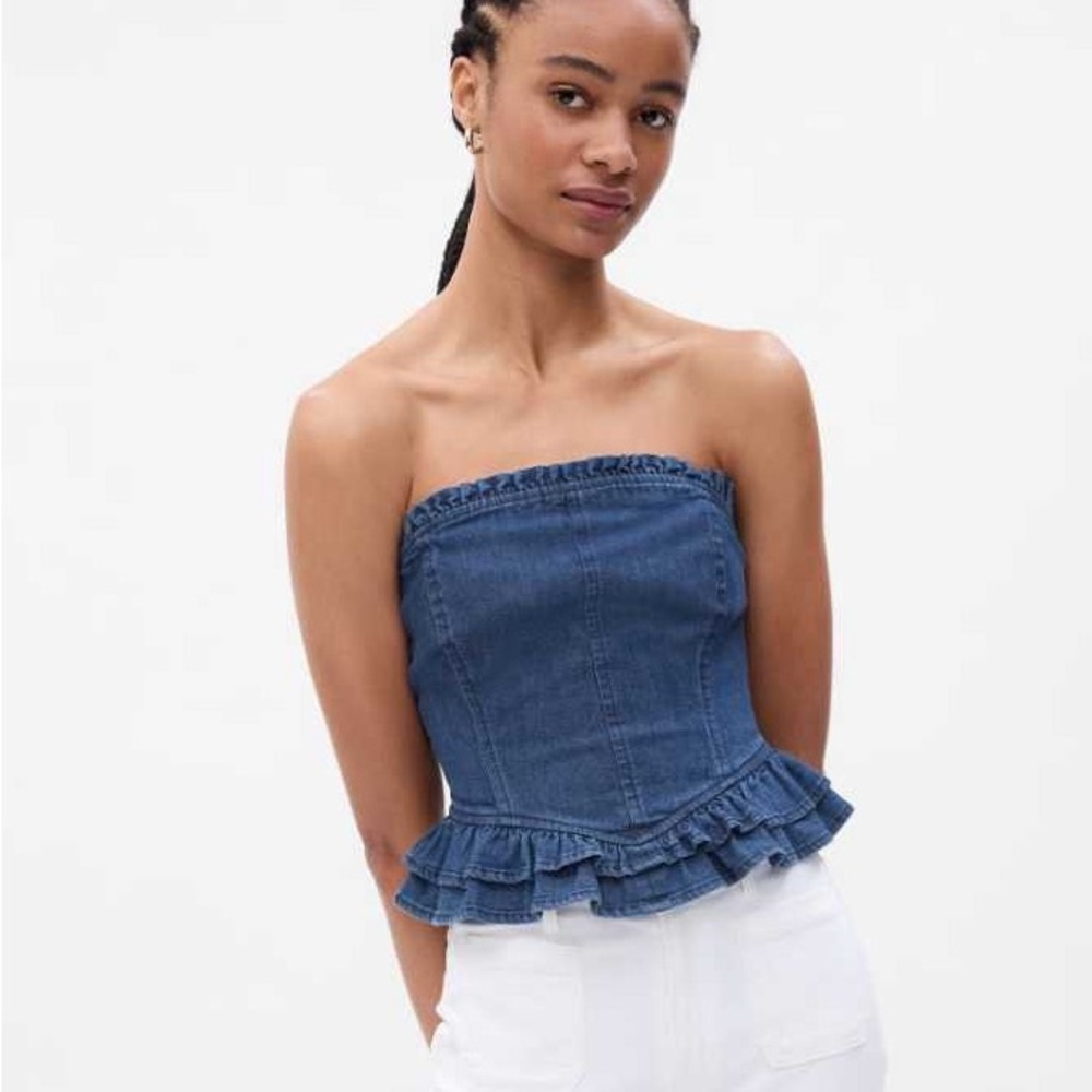 LoveShackFancy Blue Denim Strapless Top
